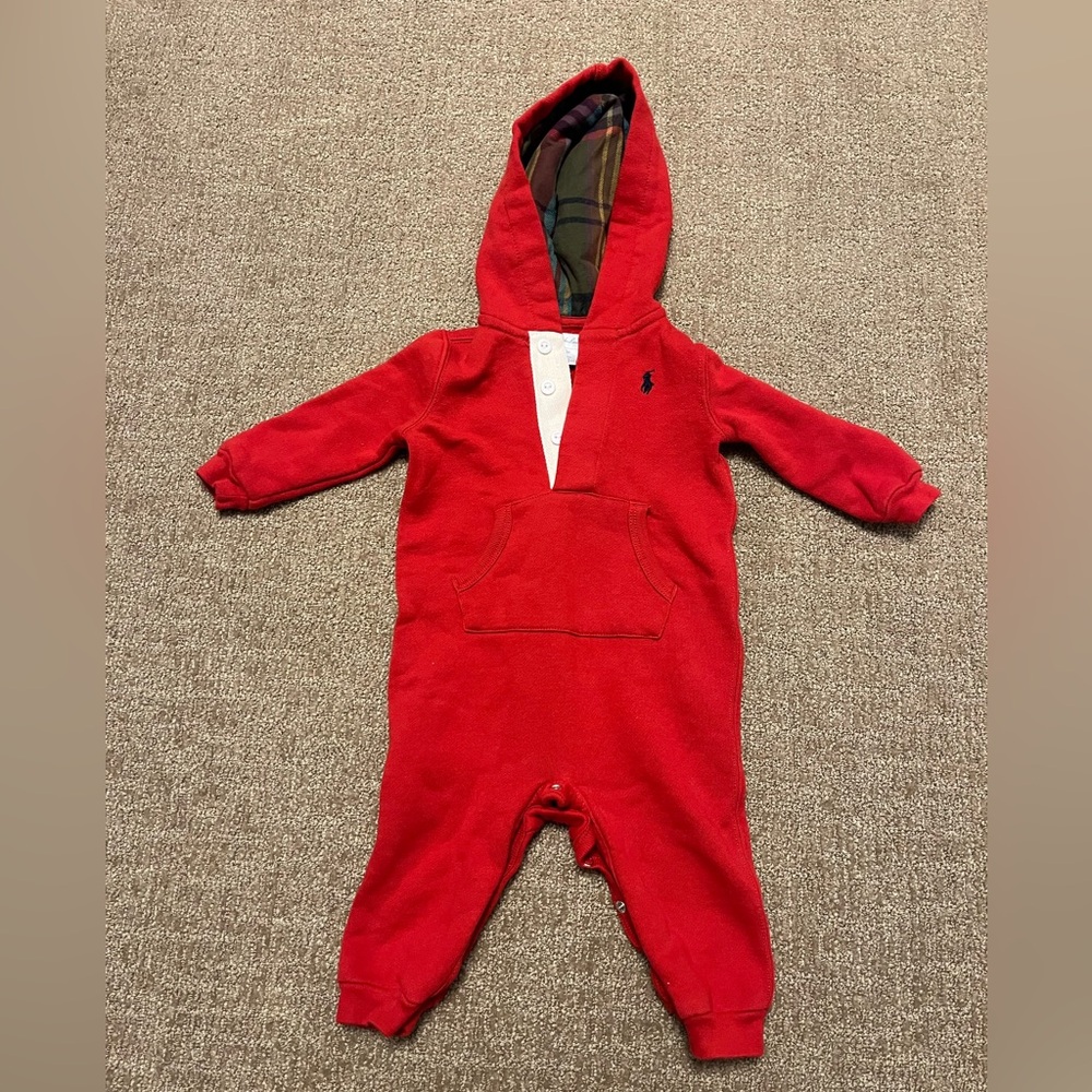Ralph Lauren Baby Boy Red Hooded One-Piece Sweatshirt Material Longall